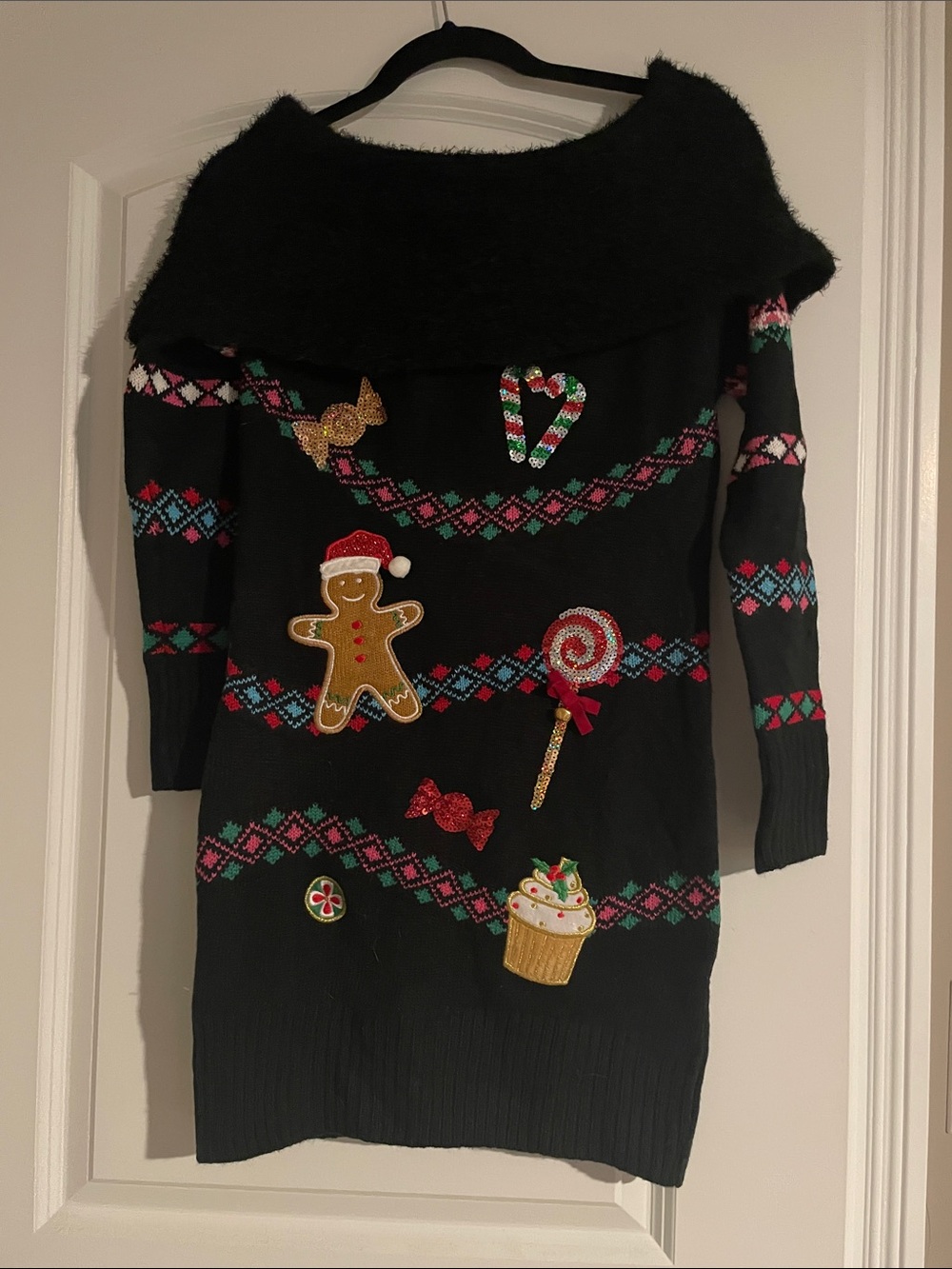 Fun Women's Holiday Sweater Dress with Festive Appliqués